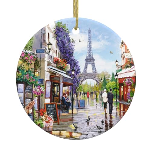 Paris Straßenszene Eiffelturm Druck Weihnachtsbaum Keramik Hängende Ornamente, Runde Keramik Dekorationen, Für Zuhause, Weihnachten von SATUSA