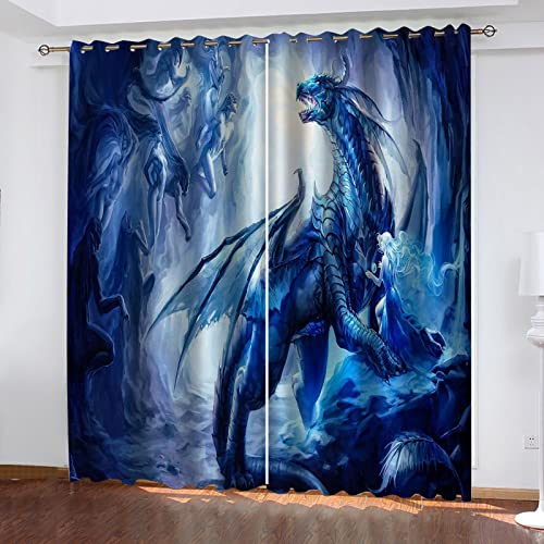 SATUSA Gardinen Schlafzimmer Wohnzimmer Verdunkelungsvorhang 3D Blauer Cartoon-Drache Muster Blickdicht Vorhänge Kinderzimmer Thermovorhang Mit Ösen 234X230Cm 2Er Set Fensterdekoration von SATUSA