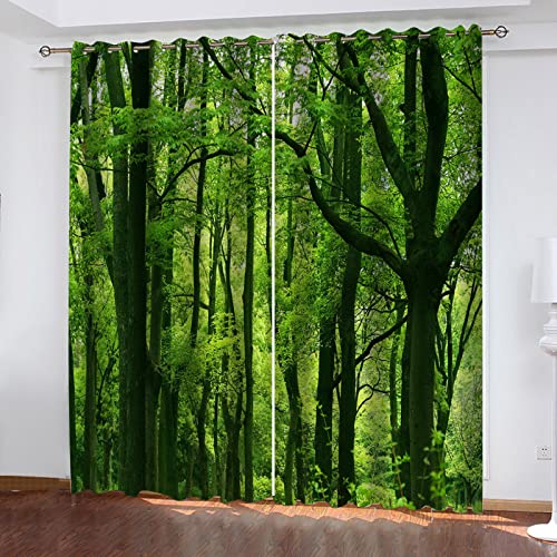 SATUSA Verdunkelungsvorhänge 3D Landschaft Grüne Wälder Muster Ösen Vorhang 2Er Set 140X160Cm Verdunkelungsvorhang Blickdicht Fenstergardinen Kinderzimmer Schlafzimmer Wohnzimmer Thermovorhang von SATUSA