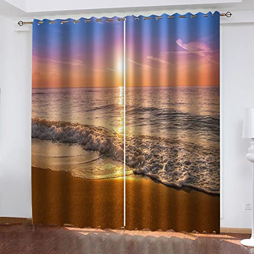 SATUSA Vorhänge Wohnzimmer Blickdicht Gardinen Verdunkelungsvorhang Schlafzimmer Kinderzimmer Thermovorhang Fensterdekoration 3D Strandwellen Bei Sonnenuntergang Muster Ösenschal 2Er Set 200X160Cm von SATUSA