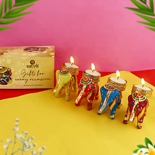 Satvik 4 Stück Baumwolle Elefant Design Teelicht Kerzenhalter Dekorative Laterne Diwali Geschenk Deepawali Handarbeit / Handarbeit Heimdekoration Indisches Festival Einweihungsgeschenk Artikel von SATVIK STORE