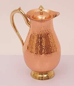 SATYA EXPORTS SATYAEXPORTS Maharaja-Trinkgeschirr aus reinem Kupfer, Krug und Becher mit Deckel, Kupfer-Wasserkrug, Fassungsvermögen: 2 Liter von SATYA EXPORTS