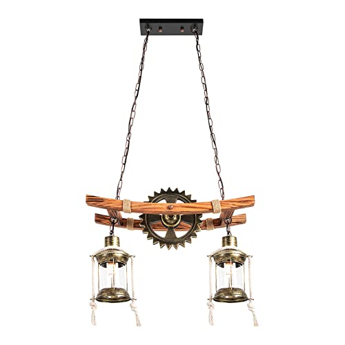 SAUADY Pendelleuchte Ketten-Deckenleuchte Vintage-Holz-Hängeleuchte 2-Licht-Hängeleuchte Höhenverstellbare Größe der Basis: 26 * 9cm Gesamtlänge: 55cm 60W von SAUADY