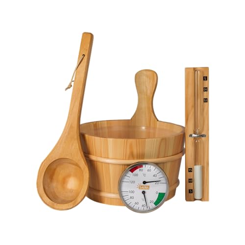 SunnyDeals klassisches Saunazubehörset | Saunaset 5-teilig aus naturbelassenem Holz | Saunaeimer & Kunststoffeinsatz 4l | Saunakelle | Temperaturmessgerät | Sanduhr von SUNNYDEALS