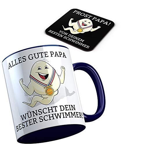 Alles Gute Papa wünscht dir dein bester Schwimmer Henkelfarbe Blau inkl. 1 Untersetzer lustige Geschenkidee für Vater Väter Vatertag Spermium Tasse Sperm Champion Champ von SAUFCOUNTER MARK YOUR DRINKS