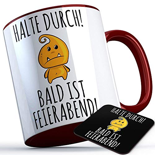 Halte durch bald ist Feierabend Tasse lustige Sprüchetasse Geschenkidee Kollegen Kollegin Kollege Jubiläum Büro Geburtstag (Weiß/Burgund) von SAUFCOUNTER MARK YOUR DRINKS