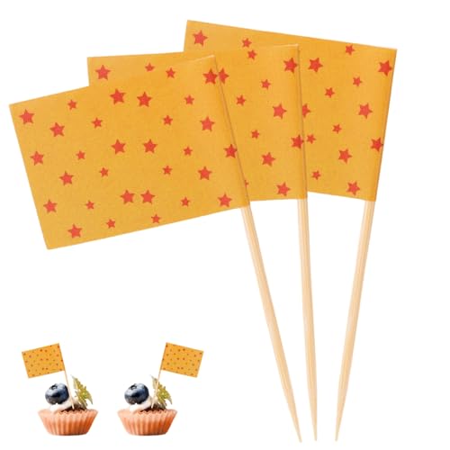 100stk Zahnstocher Fähnchen mit Cartoon-Motiv, Mini Cocktailspieße mit Anime-Motiv Vorspeisenstäbchen Cupcake-Topper für Lebensmittel Obstteller Partybuffet Dekoration (Gelbe und Rote Sterne) von SAVITA