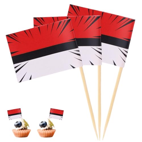 100stk Zahnstocher Fähnchen mit Cartoon-Motiv, Mini Cocktailspieße mit Anime-Motiv Vorspeisenstäbchen Cupcake-Topper für Lebensmittel Obstteller Partybuffet Dekoration (Rot, Weiß und Schwarz) von SAVITA