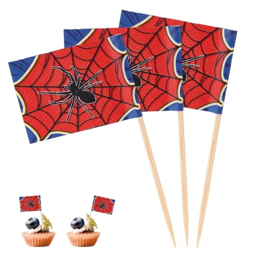 100stk Zahnstocher Fähnchen mit Cartoon-Motiv, Mini Cocktailspieße mit Anime-Motiv Vorspeisenstäbchen Cupcake-Topper für Lebensmittel Obstteller Partybuffet Dekoration (Spinne und Netz) von SAVITA