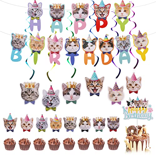 17 Stück Katzen Geburtstagsdeko, Geburtstagsdeko Kleine Katzen Banner Katzen Cake Cupcake Topper Katze Hängende Strudeldekorationen Katze Geburtstag Set für Geburtstagsfeiern (Niedlicher Stil) von SAVITA