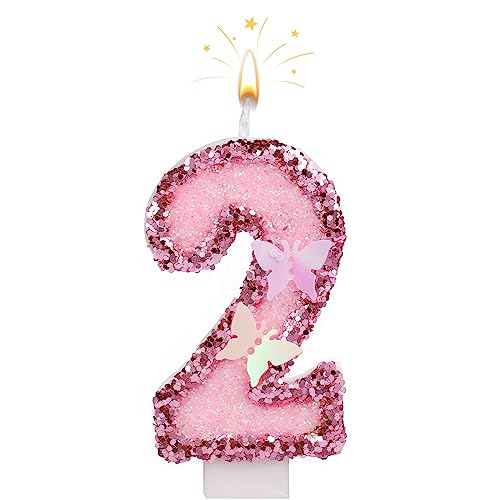 7cm Geburtstag Nummer Kerzen, Glitzernde Zahlenkerze Rosa Zahlenkerzen Kuchenaufsatz Schmetterlings-Geburtstagskerzen mit Pailletten für Jubiläumsfeiern (Nummer 2) von SAVITA