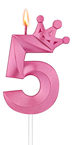 8cm Zahlen Geburtstagskerzen, Große Geburtstagskerzen 3D Zahlenkerzen für Geburtstagstorten mit Kronendekor Cake Topper für Hochzeit Valentin Jubiläum Parteien (Rosa, 5) von SAVITA