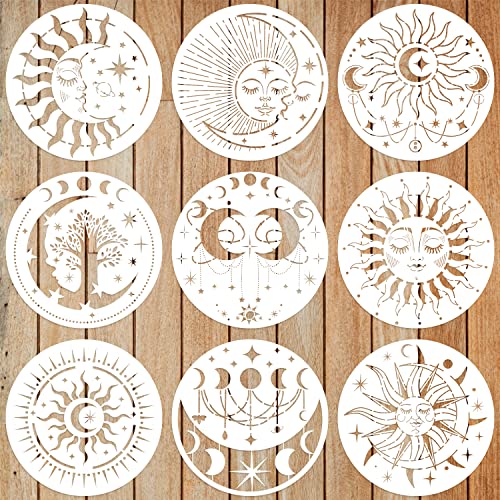 9-teilige Mandala Sonnen und Mond Schablonen, Sterne Sonne und Mond Schablonen Wiederverwendbare Mandala Sonnen Schablonen Dekoration zum Malen, Basteln, Holz, Wand, Möbel, Heimdekoration von SAVITA