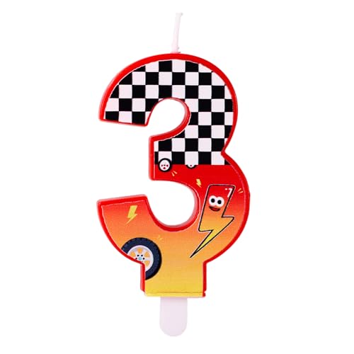 Geburtstagskerze mit Rennsport-Thema, Rot Karierte Zahlenkerze mit Blitz und Autoradmustern für Geburtstagsfeier Babyparty Rennwagen-Mottoparty Dekoration(Nummer 3) von SAVITA