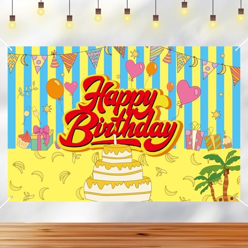 Happy Birthday Hintergrund, Bunter Happy Birthday Hintergrund Cartoon Kuchen Ballon Geschenk Banner Partyzubehör für Geburtstagsdekorationen Fotohintergrund von SAVITA