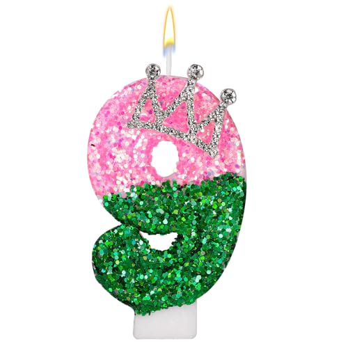 Rosa und Grüne Geburtstagskerze, Rosa und Grüne Pailletten Zahlenkerze mit Strass-Kronenverzierung für Geburtstagsfeier Hochzeit Jubiläum Dekoration(Nummer 9) von SAVITA