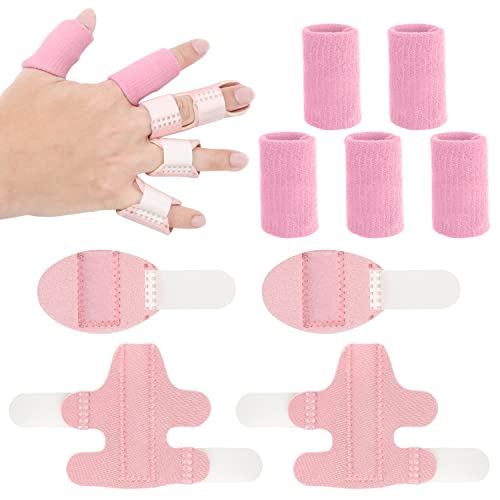 2 Stück Fingerschienen, 2 Stück Kurz Fingerglätter und 5 Stück Fingerhülsen, Verstellbar Finger Stabilisator Brace Fingerstütze für Verstauchte Geschwollene Überanstrengte Finger Mittelfinger(Rosa) von SAVITA