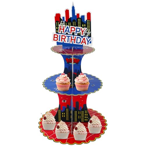 SAVITA 3-Stöckiger Cupcake-Ständer aus Pappe, Blau-Roter Cartoon-Party-Desserthalter Cartoon-Geburtstagsparty-Zubehör Cupcakes Dessert-Rack für Geburtstagsfeiern Babyparty von SAVITA