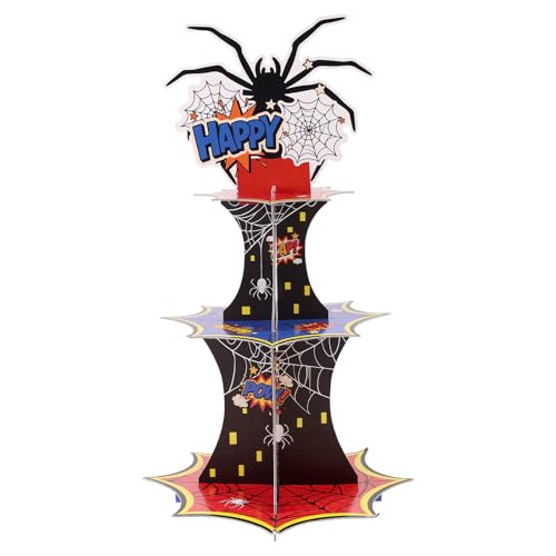 SAVITA 3-Stöckiger Spinnen Cupcake Ständer, Cupcake Halter mit Heldenmotiv und Spinnennetz Happy Birthday Topper Dessert Präsentationsbaum Turm für Kinder Jungen Geburtstagsfeier Dekoration Zubehör von SAVITA