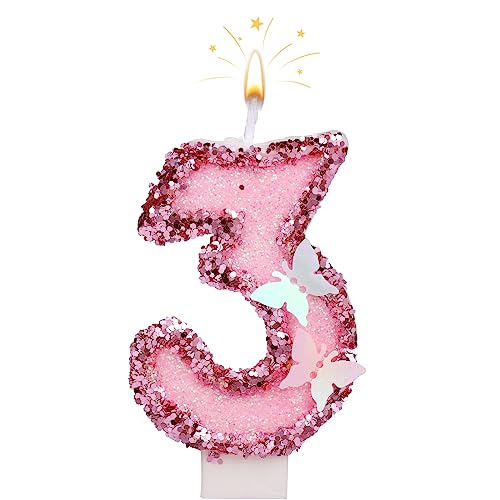 Savita 7cm Geburtstag Nummer Kerzen, Glitzernde Zahlenkerze Rosa Zahlenkerzen Kuchenaufsatz Schmetterlings-Geburtstagskerzen mit Pailletten für Jubiläumsfeiern (Nummer 3) von SAVITA