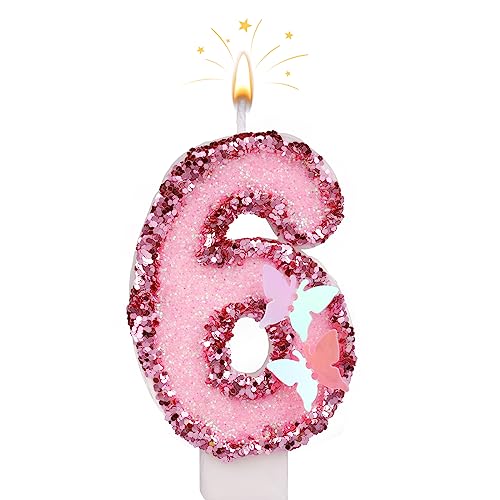 SAVITA 7cm Geburtstag Nummer Kerzen, Glitzernde Zahlenkerze Rosa Zahlenkerzen Kuchenaufsatz Schmetterlings-Geburtstagskerzen mit Pailletten für Jubiläumsfeiern (Nummer 6), I04001-10 von SAVITA