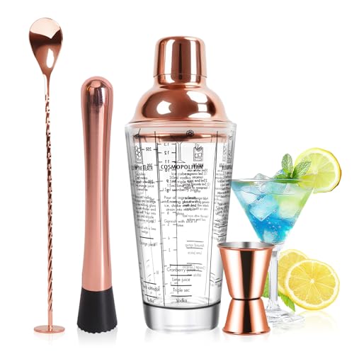SAVORLIVING 14oz Cocktail-Shaker-Set aus Glas, 4-teiliges Barkeeper-Set, Martini-Mixer-Shaker mit integriertem Sieb, Rührlöffel, Messbecher und Stößel, Bar-Werkzeugset für Anfänger (Roségold) von SAVORLIVING