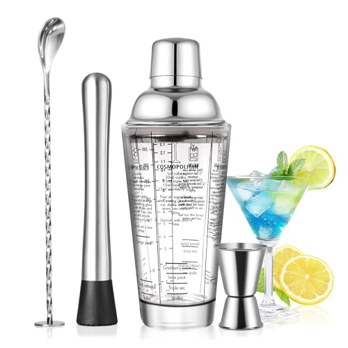SAVORLIVING 14oz Cocktail-Shaker-Set aus Glas, 4-teiliges Barkeeper-Set, Martini-Mixer-Shaker mit integriertem Sieb, Rührlöffel, Messbecher und Stößel, Bar-Werkzeugset für Anfänger (Silber) von SAVORLIVING