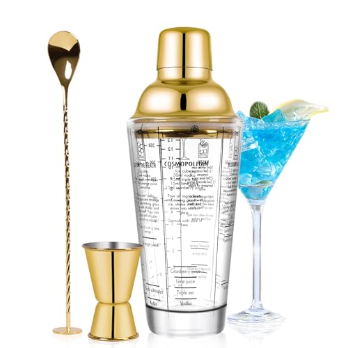 SAVORLIVING 14oz Glas Cocktail Shaker Set, Margarita Mixer Shaker mit eingebautem Sieb und Messbecher & Mischlöffel Set, Professionelles Barwerkzeug-Set für Barkeeper und Anfänger (Gold, 3PCS) von SAVORLIVING