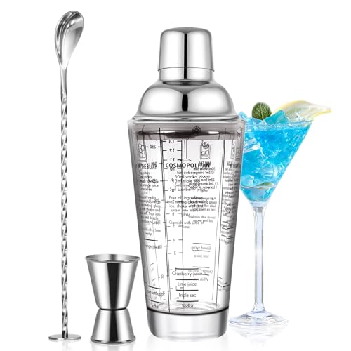 SAVORLIVING 14oz Glas Cocktail Shaker Set, Margarita Mixer Shaker mit eingebautem Sieb und Messbecher & Mischlöffel Set, Professionelles Barwerkzeug-Set für Barkeeper und Anfänger (Silber, 3PCS) von SAVORLIVING