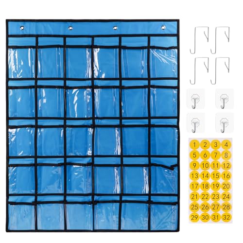 SAVORLIVING 30 klare Taschen Aufbewahrungstasche Für Klassenzimmer,Handygarage Schule,Handy Aufbewahrungsbox,Handy Organizer Klassenzimmer, Für Taschenrechner,mit Haken und Aufklebern (Blau) von SAVORLIVING