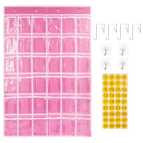 SAVORLIVING 36 klare Taschen Klassenzimmer Tasche Chart Organizer, Taschendiagramm für Handy-Rechnerhalter, Hängende Wand Doo Calculator Telefon Caddy mit Haken und Nummer Aufkleber (Rosa) von SAVORLIVING