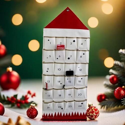 SAVORLIVING Weihnachts-Adventskalender mit 16 Taschen, wiederverwendbarer Aufbewahrungstasche für den Countdown-Kalender, Stoffkalender zum Aufhängen für die Weihnachtsdekoration zu Hause (Rot) von SAVORLIVING