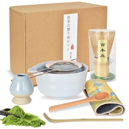 7 Stück Chinesisches Matcha-Teeset, Matcha Schale Set aus Keramik, mit Matcha-Schale, Matcha-Besen, Besenhalter, Schaufel, Baumwoll-Teetuch, Löffel, Edelstahlsieb, Tee-Set für Matcha-Liebhaber von SAVOSWEET