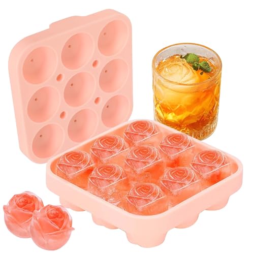 9-Fach Silikon Eiswürfelform Rose, BPA Frei Rosen-Eiswürfel, Eiswürfelform Rose mit Deckel, Wiederverwendbare Eiswürfel Form, Rose Blumen Eiswürfelschale für Cocktails Whiskey Bourbon Saft (Rosa) von SAVOSWEET