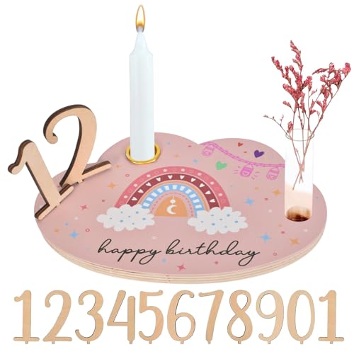 Personalisierter Geburtstagskranz,DIY Geburtstagsteller aus Holz mit Kerzenhalter,Regenbögen,Zahlen,Vasen,Getrocknete Blumen,Geburtstag-Geburtstagstisch von SAVOSWEET