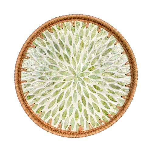 SAVOSWEET Rattan Serviertablett Rund, Dekotablett Boho, Rattan Tablett Rund 30 cm, Rundes Tablett Mosaik, Dekoratives Serviertablett für Getränke, Frühstück, Tee, Kerzen, Schmuck (Stil B) von SAVOSWEET