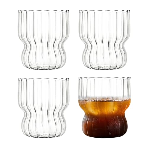 SAVOSWEET Gläser Set 4 Teilig, Wassergläser Longdrinkgläser 300ml, Vertikal Gestreifte Gläser, Kaffeegläser, Spülmaschinenfeste Gläser für Saft, Cocktails, Longdrinks, Eiskaffee, Getränke, Milch, Tee von SAVOSWEET