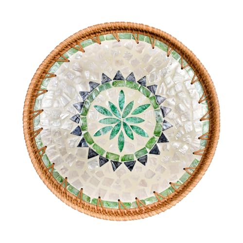 SAVOSWEET Rattan Serviertablett Rund, Dekotablett Boho, Rattan Tablett Rund 30 cm, Rundes Tablett Mosaik, Dekoratives Serviertablett für Getränke, Frühstück, Tee, Kerzen, Schmuck (Stil A) von SAVOSWEET