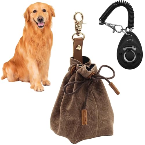 Tragbare Leckerlibeutel für Hunde, Futterbeutel Hunde aus Canvas, Hundebeutel Leckerli Inklusive Trainingsklicker, Leckerli Beutel Gürteltasche für Haustier Training Gassi Gehen, 11x7x7cm (Braun) von SAVOSWEET