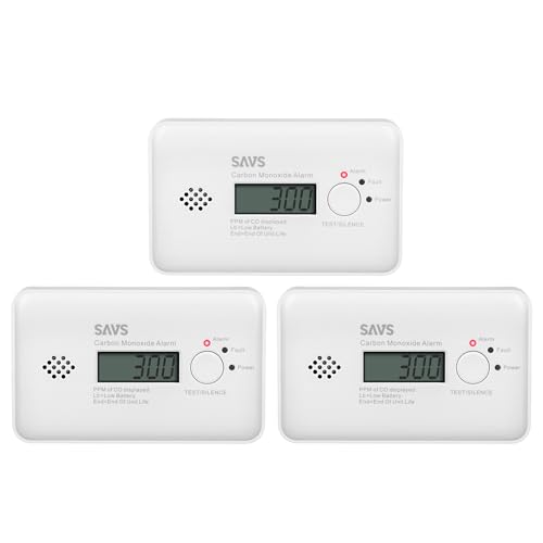 SAVS C10 CO Melder - Kohlenmonoxid Melder & Alarm-Monitor für Heim & Büro - Integrierte CO Melder 10 Jahre Batterie - Moderne Sensortechnologie - LCD-Display - Wandmontage oder Aufstellung – 3er Set von SAVS