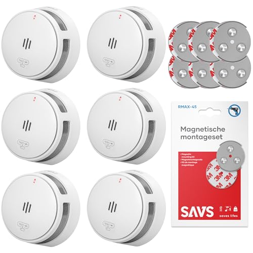 SAVS S10 Stand-Alone-Rauchwarnmelder - Integrierte 10-Jahres-Batterie - Optischer Doppelsensor - Fernbediente Mute-Funktion - Magnetische Montage ohne Bohren - Schlankes Design - Weiß - 6er Set von SAVS