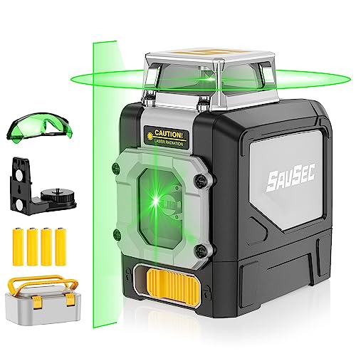 Laser Wasserwaage Grün 45 M, SAVSEC 1 × 360° Kreuzlinienlaser Selbstnivellierendes, 5 Linien Kreuzlaser Laser-Wasserwaage mit Manuell, Automatisch, Pulsmodus für Innenbereich Baustelle von SAVSEC