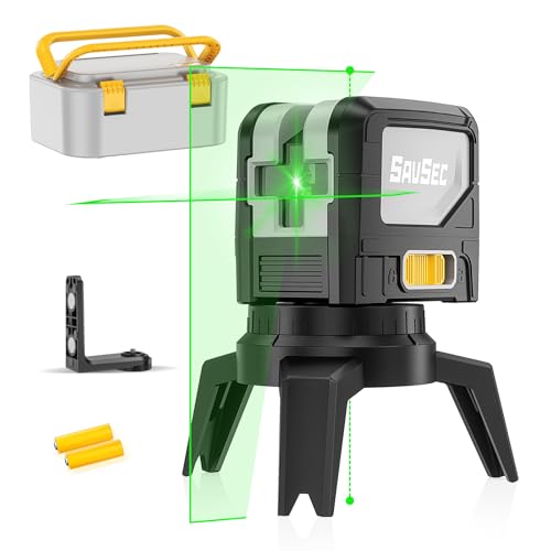 SAVSEC Grün Kreuzlinienlaser mit 2 Lotpunkten, Laser Wasserwaagen(110° H+180° V) Selbstnivellierend, Arbeitsbereich: Line:25 M/Punkt:60 M, Inkl. Handwerkerkoffer von SAVSEC