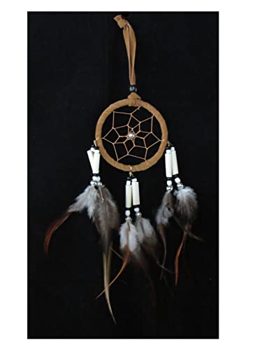 SAWA-ART Traumfänger klein 6cm Knochen braun, Dreamcatcher small Fensterdeko Wanddeko Kleiner Traumfänger Autoanhänger, Autospiegel, Rückspiegel Boho Bohemian Dekoration handgefertigt von SAWA-ART