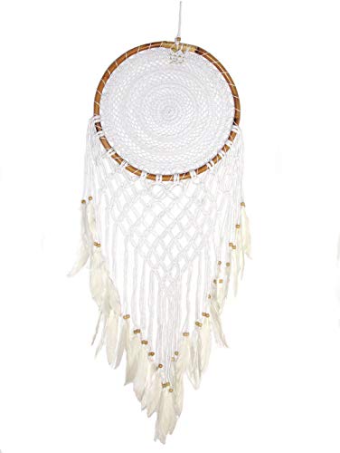 Großer Traumfänger Dreamcatcher gehäkelt weiss Ø 30cm mit Bambusrahmen und Makramee Wanddeko Raumschmuck Raumdeko Dekoaccessoire Mobilee-Aufhänger von SAWA