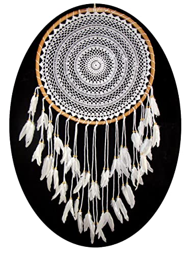 Großer Traumfänger Dreamcatcher gehäkelt weiss Ø ca 80 cm mit Bambusrahmen Wanddeko Raumschmuck Raumdeko Dekoaccessoire Mobilee-Aufhänger von SAWA