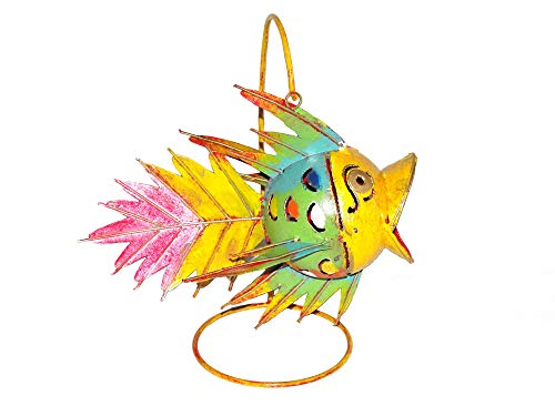 Teelichthalter Fisch Gondel gelb-bunt bunter Deko-Fisch hängend mit Ständer Windlicht Metallfigur Tier-Figur Dekofigur von SAWA