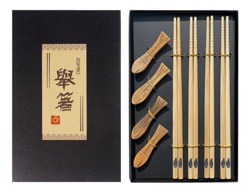 Japanische Essstäbchen in süßer Fisch Optik | Sushi Stäbchen | mit Stäbchen Bank | 12 teilig | Bambus | für 4 Personen von SAWADA