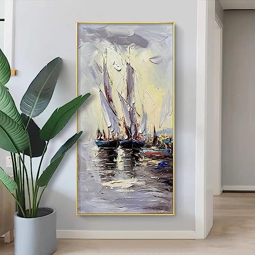 Handgemalte Acrylbilder Abstrakt,Extra Große Ölgemälde, Handgemalte Ozean-Segelboot-Kunstbilder, Rahmenlose Strukturierte Kunstwerke, Original-Wandgemälde Für Wohnzimmer, Schlafzimmer, 50 X 100 von SAWEEZ