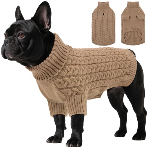SAWMONG Hundepullover, Hundepullover für mittelgroße Hunde, Mädchen und Jungen, Rollkragenpullover, gestricktes Hunde-Sweatshirt, Haustierkleidung für kaltes Wetter (Khaki, Größe M) von SAWMONG
